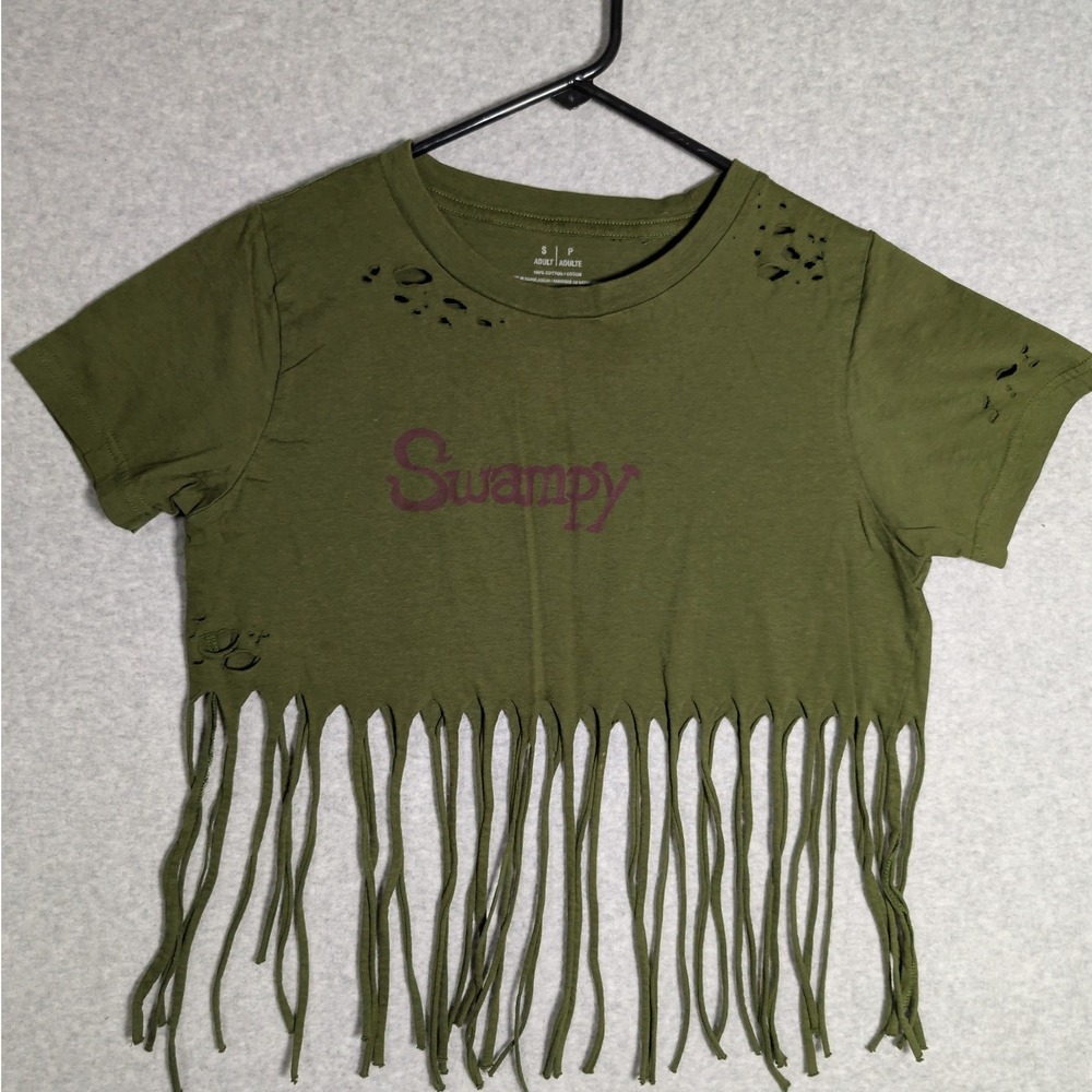 Make Market‎ Swampy Fringe Crop Top Womens S Olive Green Distressed Goblincore